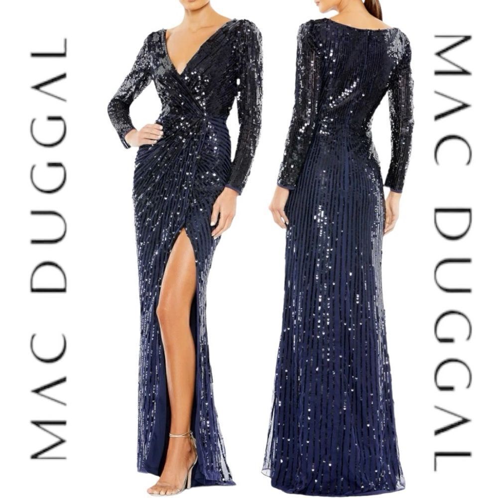 MAC DUGGAL Women’s Sequined Faux Wrap Long Sleeves Gown in the Size 8